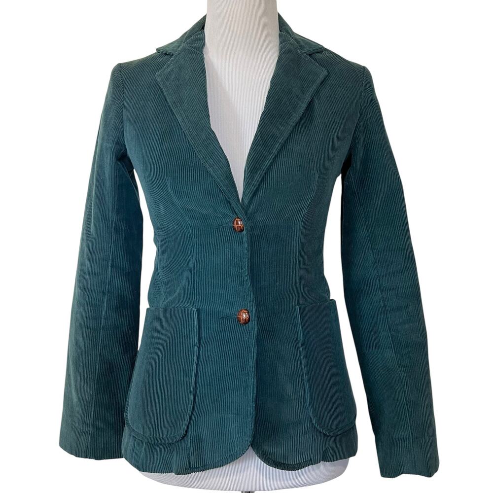 Vintage Womens Corduroy Blazer Jacket Sports Coat Leather Buttons Teal Blue Sz 5